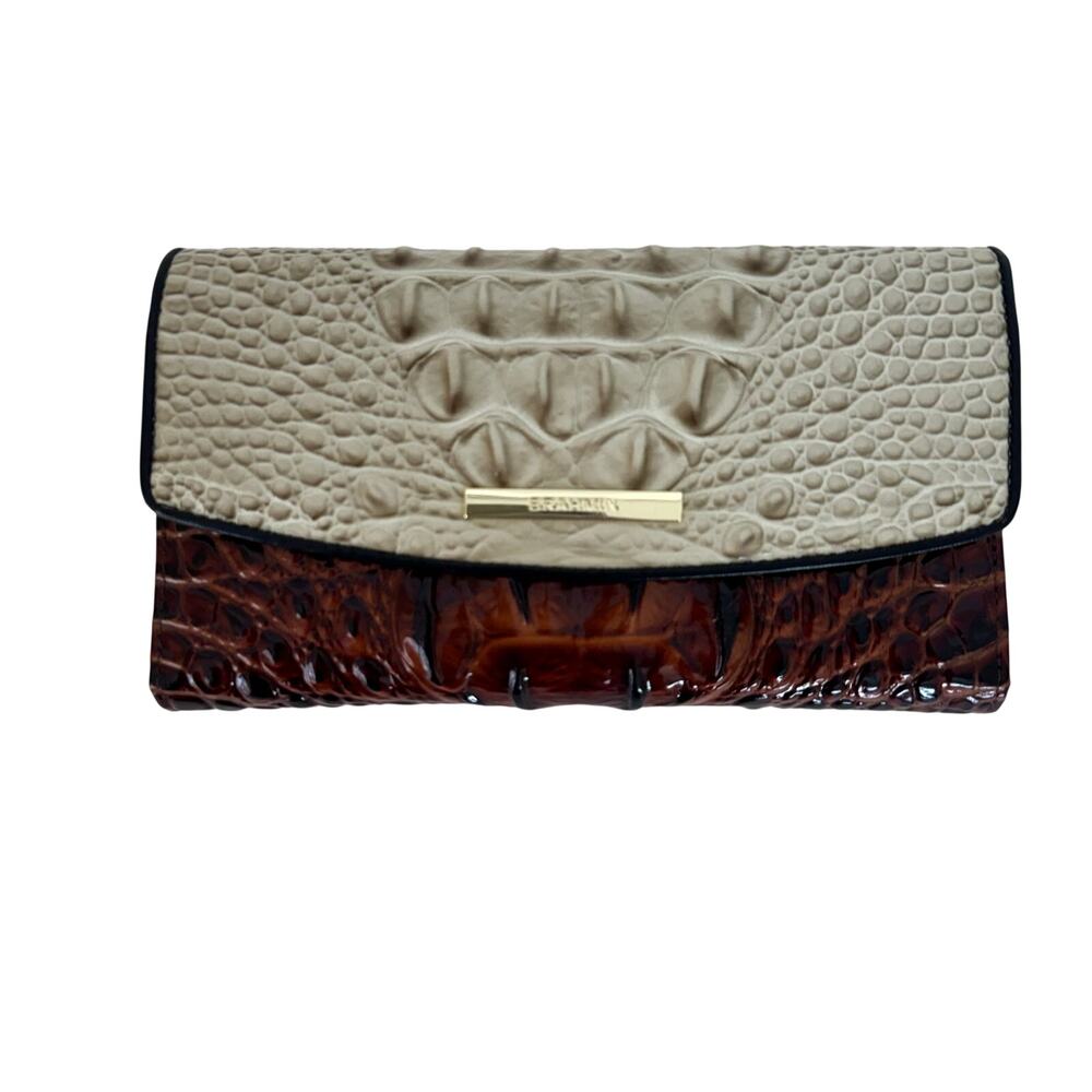 Brahmin Modern Bifold Wallet with Checkbook and Pen Brown Croc-Embossed Leather